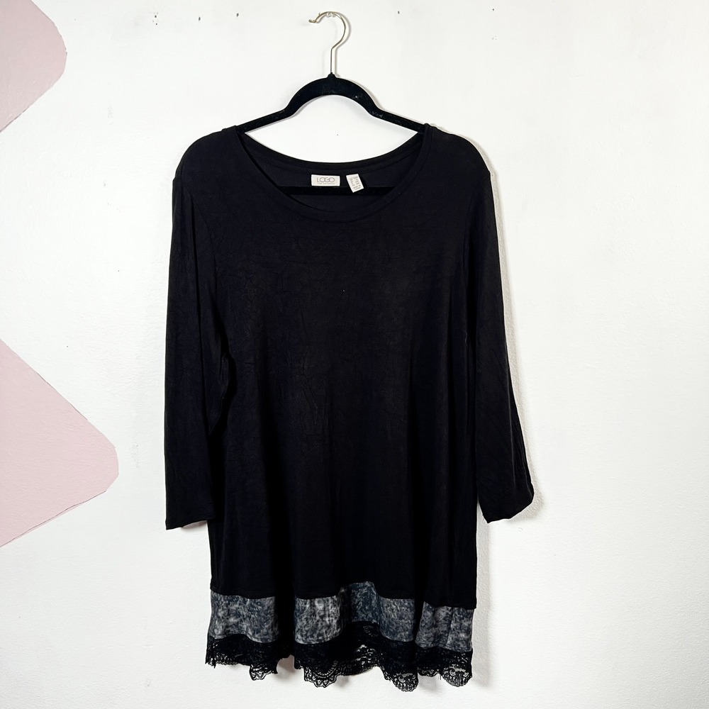 LOGO Lori Goldstein Top Womens 1X Tunic Black Lace Dark Fairy Lagenlook Boho